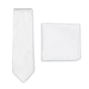 Bright White Necktie Set | Formal White Tie + Pocket Square in Woven Paisley Design