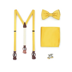 Yellow Suspender + Bow Tie Set | Groom Accessories in Lemon Yellow | Set of Yellow Mens Suspenders, Bow Tie, Pocket Square, and Cufflinks