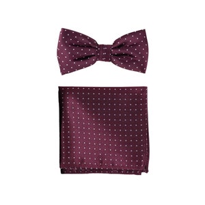Burgundy Polka Dot Bowtie Set | Mens Bow Tie + Pocket Square in Red and Silver