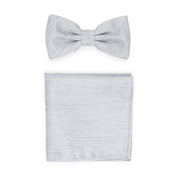 Mystic Gray Bowtie Set | Matte Linen Texture Bow Tie + Pocket Square in Mystic Gray