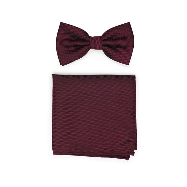 Burgundy Bow Tie Set | Mens Bow Ties in Matte Burgundy with Pocket Square | Pre-Tied Bow Tie and Hanky Set in Burgundy Red