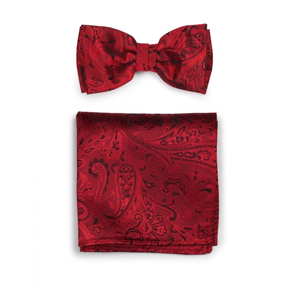 Black Red Mens Pre-Tied Bow Tie Hanky Wedding Set Woven Floral Paisley by DQT 