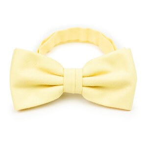 May include: A pale yellow bow tie made of fabric. The bow tie is tied and ready to wear.