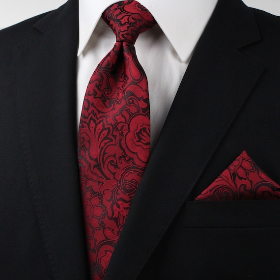 Wine Red Tie Set Wine Red Paisley Tie and Pocket Square Set 