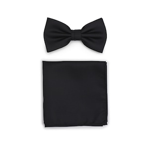 Matte Black Bow Tie Set | Mens Bow Tie and Hanky Set in Black | Solid Color Bow Tie and Matching Pocket Square in Matte Black