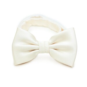 May include: A white satin bow tie. The bow tie is tied and ready to wear.
