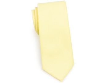 Patel Yellow Skinny Tie / Summer Cotton Finish Necktie en Lemon Chiffon Yellow