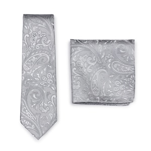 Silver Paisley Tie Set | Necktie + Pocket Square in Silver Gray Paisley Pattern