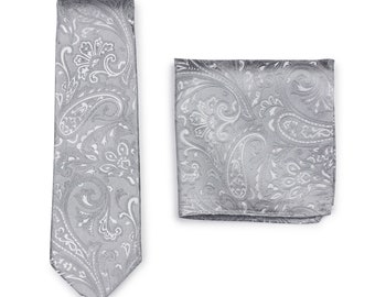 Silver Paisley Tie Set | Necktie + Pocket Square in Silver Gray Paisley Pattern