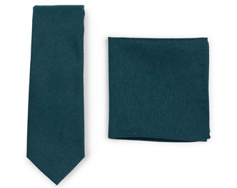 Dark Green Skinny Tie Set | Mens Skinny Necktie and Pocket Square in Forest Green