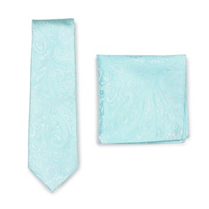 Tie Set in Robins Egg Blue | Mens Paisley Necktie + Hanky in Light Aqua Blue