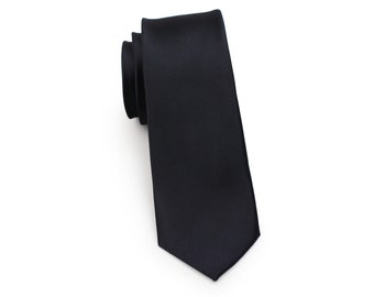 Black Skinny Tie | Solid Black Skinny Necktie | Slim Cut Tie in Jet Black | Narrow Skinny Mens Tie in Black Satin Finish (2.25 inch width)