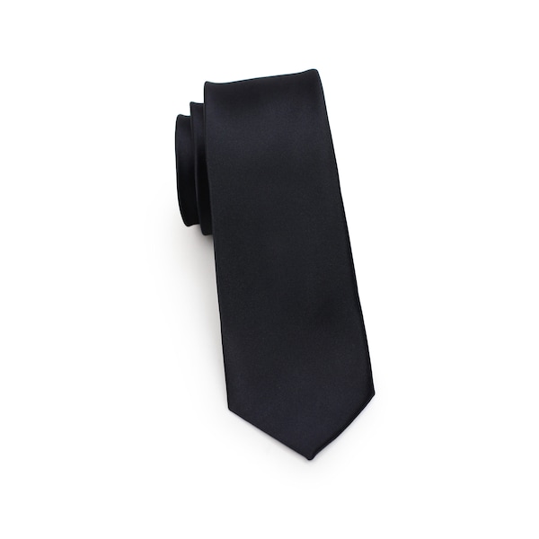 Black Skinny Tie | Solid Black Skinny Necktie | Slim Cut Tie in Jet Black | Narrow Skinny Mens Tie in Black Satin Finish (2.25 inch width)