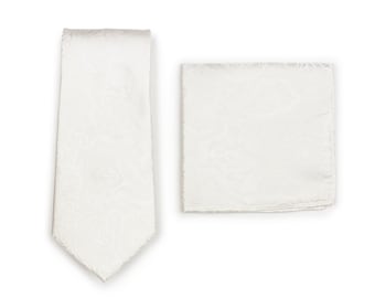 Paisley Tie and Hanky Set in Ivory | Formal Wedding Tie Set in Ivory with Paisley Design | Classic Necktie and Matching Hanky Set
