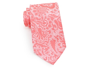 Coral Paisley Tie | Bright Coral Red Mens Tie | Wedding Paisley Tie in Coral Red | Formal Groom and Groomsmen Ties in Coral Color