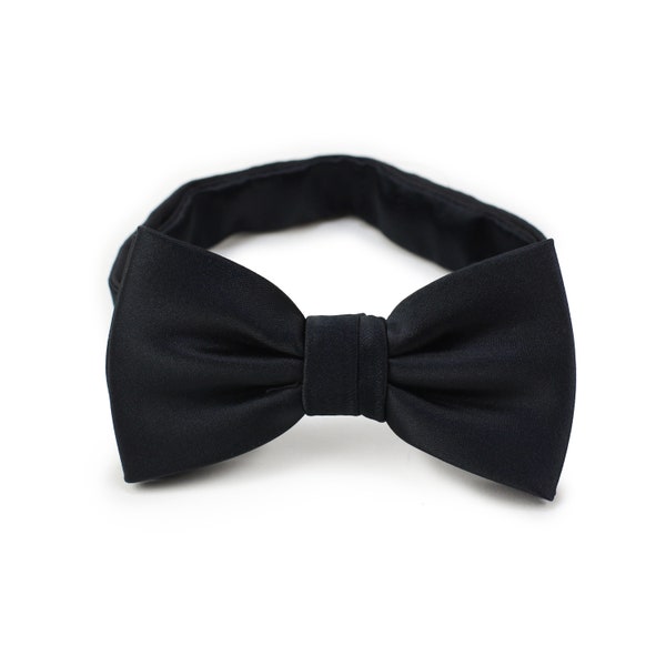 Kids Bow Tie Black | Solid Black Kids Bow Tie | Boys and Toddler Sized Bow Tie in Jet Black with Satin Finish (fits ages 2-6)