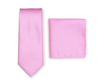 Carnation Pink Tie Set | Necktie and Hanky Set in Bright Carnation Pink | Flamingo Pink Mens Neckties and Pocket Squares in Matte Finish