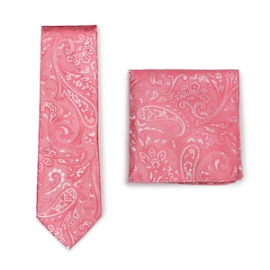 Coral Paisley Tie Set Mens Necktie and Hanky Set in Coral Pink Paisley Design image 1