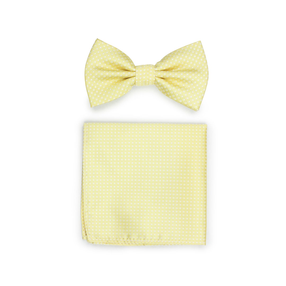 Pastel Yellow Bow Tie Set Pocket Square and Matching Bow Tie in Light Yellow Pin Dot Bow Ties in