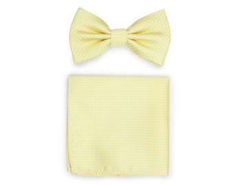 Pastel Yellow Bow Tie Set | Pocket Square and Matching Bow Tie in Light Yellow | Pin Dot Bow Ties in Yellow with Hanky