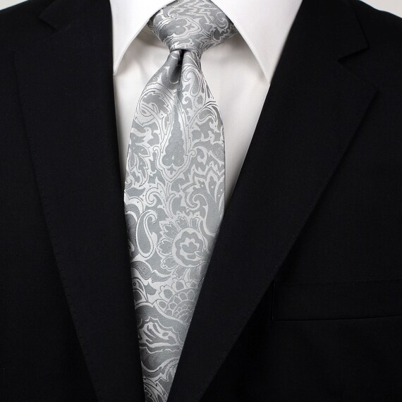 DQT Woven Floral Paisley Silver Formal Wedding Mens Skinny Tie 