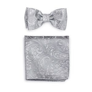 Silver Paisley Bowtie Set | Formal Mens Bow Tie + Matching Hanky in Festive Silver Paisley Design