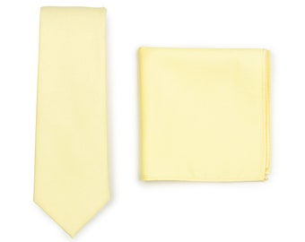 Slim Cut Tie Set in Lemon Chiffon | Pastel Yellow Skinny Tie and Pocket Square