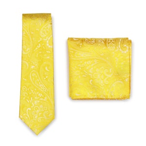 Canary Yellow Paisley Tie Set | Formal Summer Paisley Necktie + Suit Hanky in Canary Yellow