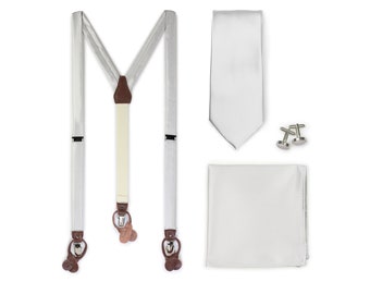 Festive Silver Suspender  + Tie Set | Set of Matching Silver Suspenders, Necktie, Hanky, and Cufflinks | Adjustable clip button Suspenders