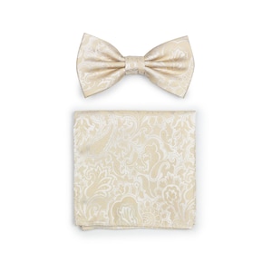Paisley Bow Tie Set in Champagne | Men's Bow Tie and Pocket Square in Champagne Cream with Paisley Design | Set of Matching Bowtie and Hanky
