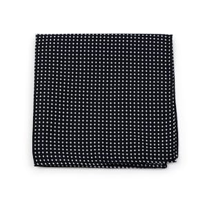 May include: A black pocket square with a white polka dot pattern.