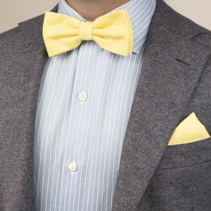 May include: A gray blazer with a yellow bow tie and a yellow pocket square.