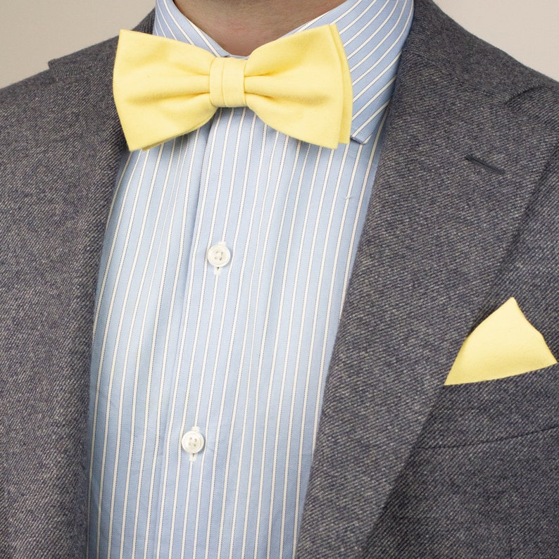 May include: A gray blazer with a yellow bow tie and a yellow pocket square.
