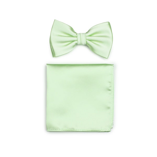 Light Mint Green Bow Tie Set | Mens Bow Tie and Hanky in Solid Mint | Light Pastel Mint Bow Ties and Pocket Squares | Wedding Tie Sets