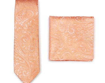 Perzik Oranje Stropdas Set | Formele Mens Paisley Stropdas + Pocket Square Set in Peach Orange