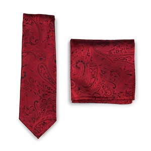 Ruby Red Tie Set | Mens Necktie + Pocket Square in Ruby Red Paisley Design