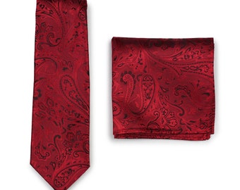 Ruby Red Tie Set | Mens Necktie + Pocket Square in Ruby Red Paisley Design