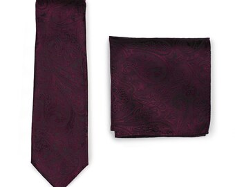 Wine Red Necktie Set | Formal Paisley Tie + Pocket Square in Wine Red