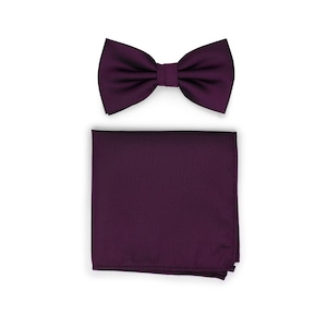 Grape Bow Tie Set | Mens Bow Tie and Pocket Square in Grape Purple | Pre-Tied Bow Tie and Hanky in Solid Grape Purple in Matte Finish