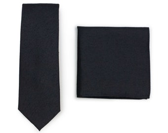 Black Skinny Tie Set | Modern Mens Skinny Tie and Pocket Square in Matte Black