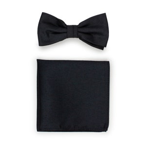 Matte Black Bowtie Set | Solid Woolen Bow Tie and Pocket Square in Black