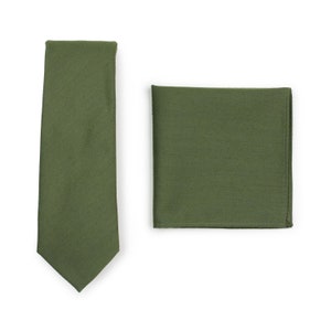 Mens Tie Set in Olive | Slim Cut Necktie + Pocket Square in Olive Green