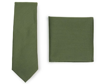 Mens Tie Set in Olive | Slim Cut Necktie + Pocket Square in Olive Green