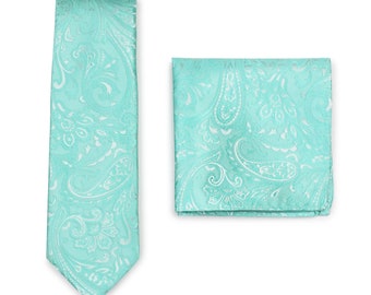 Aqua Tie Set | Sommer Paisley Halskette + Taschenquadrat Set in Aqua Türkis Blau