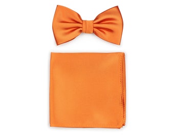 Oranje Vlinderdas Set | Fel oranje vlinderdas en pocket vierkante set | Formele bruiloft vlinderdas en Hanky set in heldere mandarijn oranje