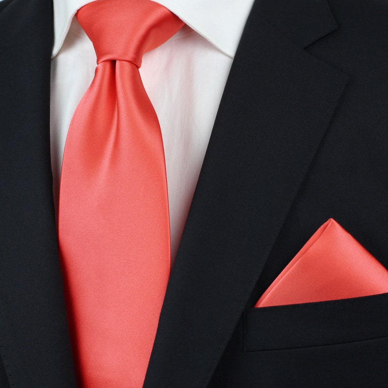 Neon Coral Tie Set Necktie and Pocket Square Set in Neon Etsy