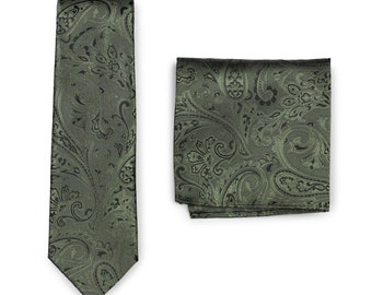 Fern Green Tie Set | Paisley Necktie and Pocket Square Combo in Fern Green