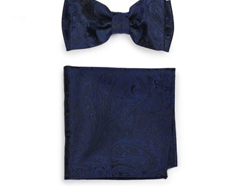 Midnight Paisley Bowtie Set | Paisley Bow Tie + Hanky Set in Dark Navy Blue