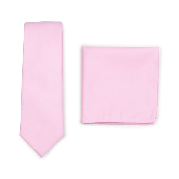 Mens Tie Set in Tickled Pink | Solid Carnation Pink Necktie + Pocket Square Set in Skinny Width