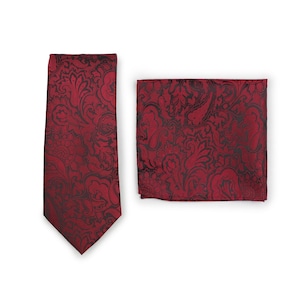 Wine Red Tie Set | Wine Red Paisley Tie and Pocket Square Set | Formal Men&#39;s Necktie and Hanky in Wine Red with Paisley Design